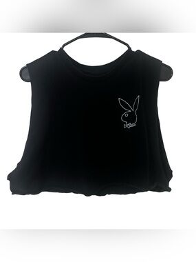 PLAYBOY Black white Graphic Crop Tank distressed hem size XL